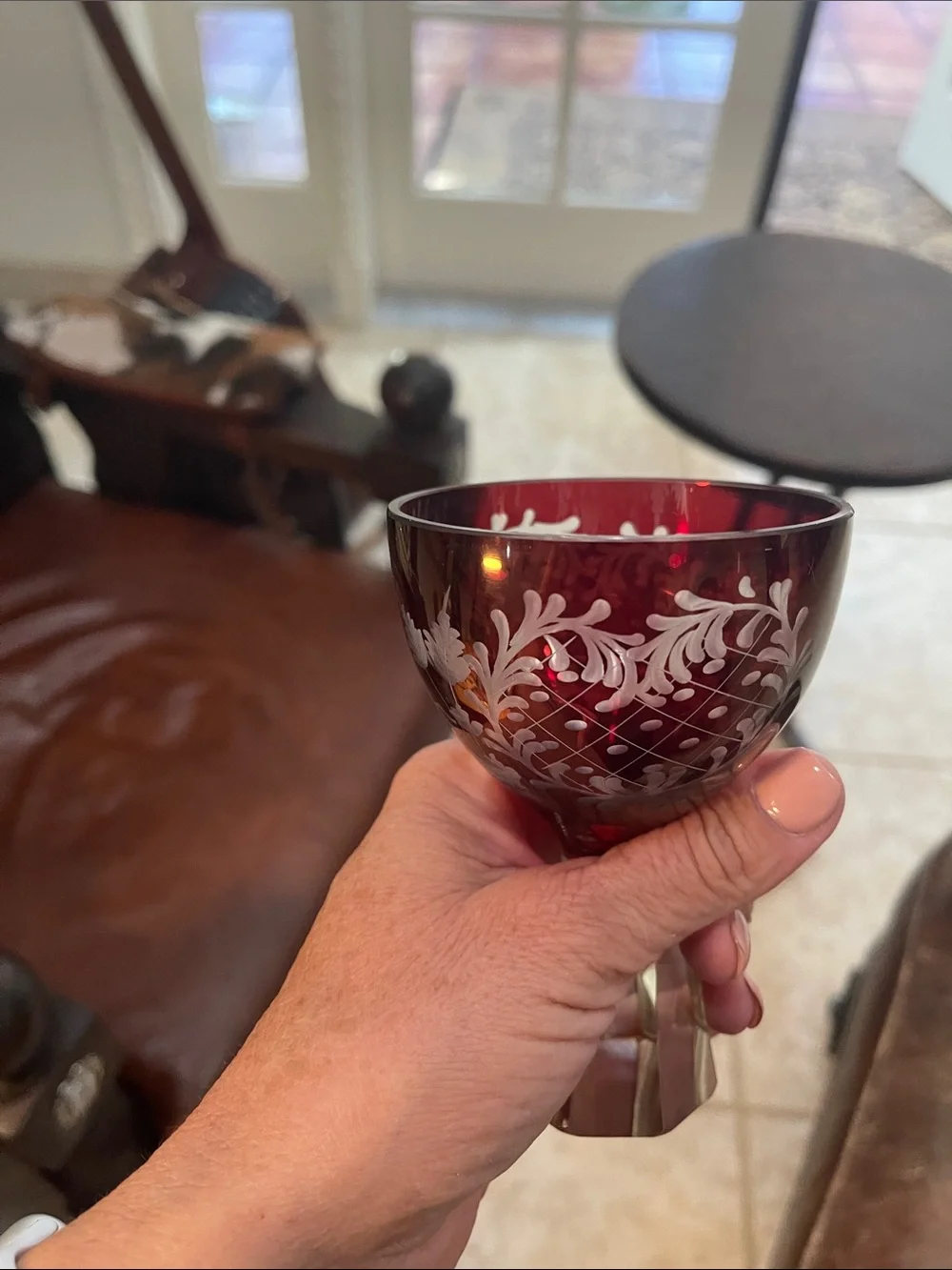Egermann Ruby Red Etched Glass Decanter and Goblet Set